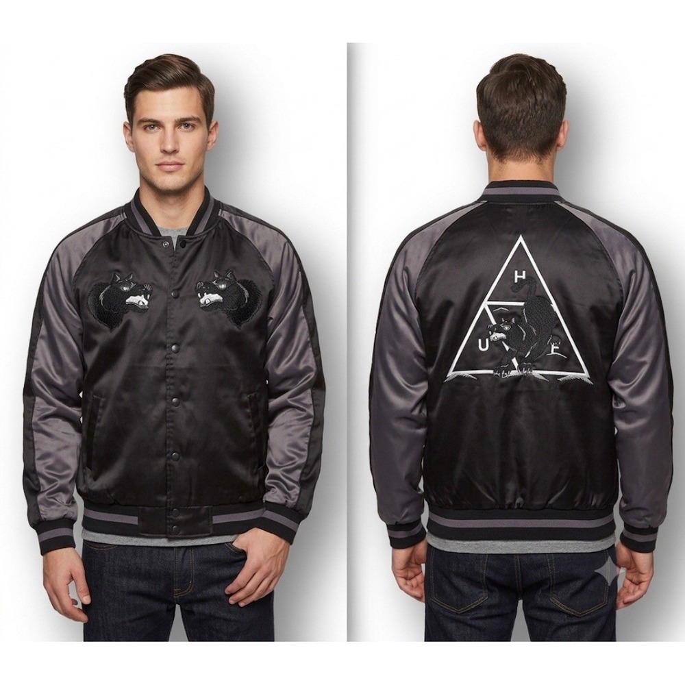 HUF Black Satin Bomber Jacket Medium Souvenir Sukajan Wolf Panther Skatewear